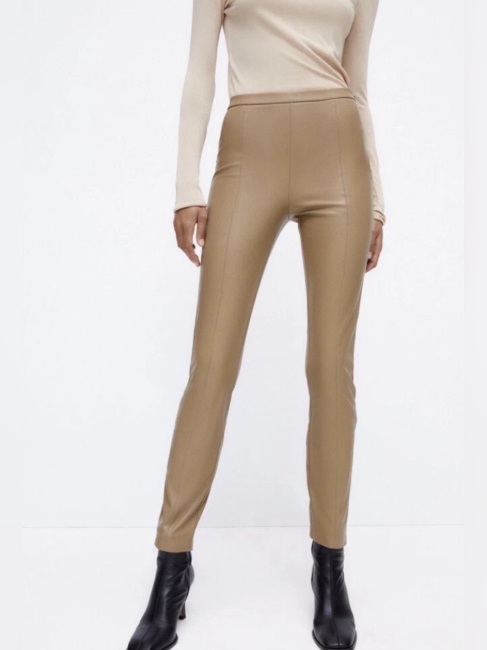 Zara Women’s Tan Faux Leather Side Zip Pants, Size XS